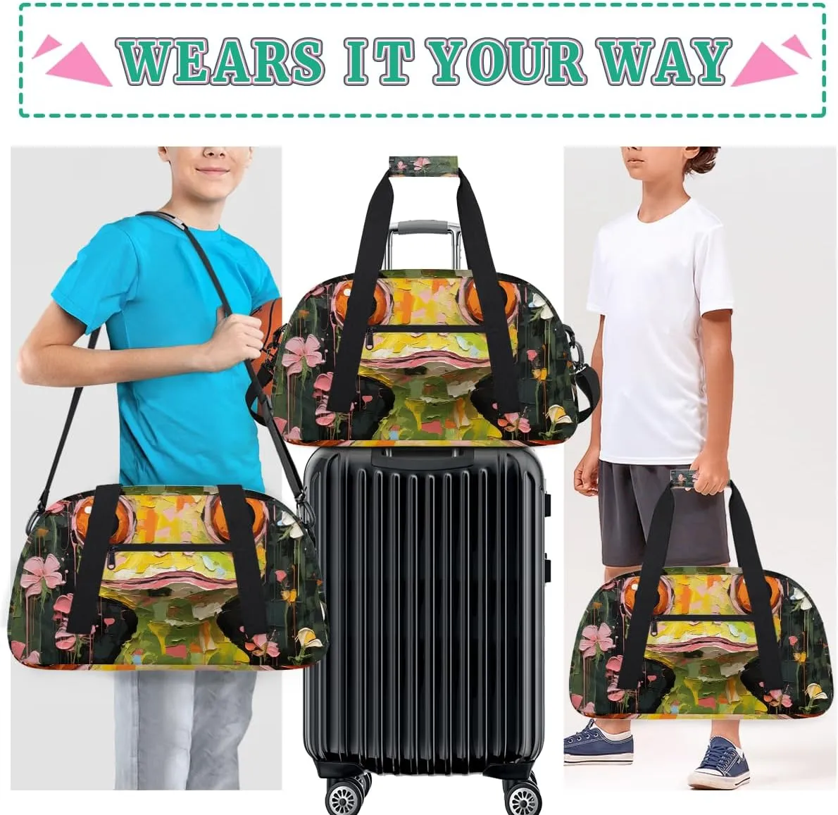 Cartoon Frog Flower Kids Overnighter Duffel Bags for Boys, Carry-On Size Sports Gym Bag with Front Zipper Pocket for School Practice or Overnight Travel Weekender Sleepover Tote Bag
