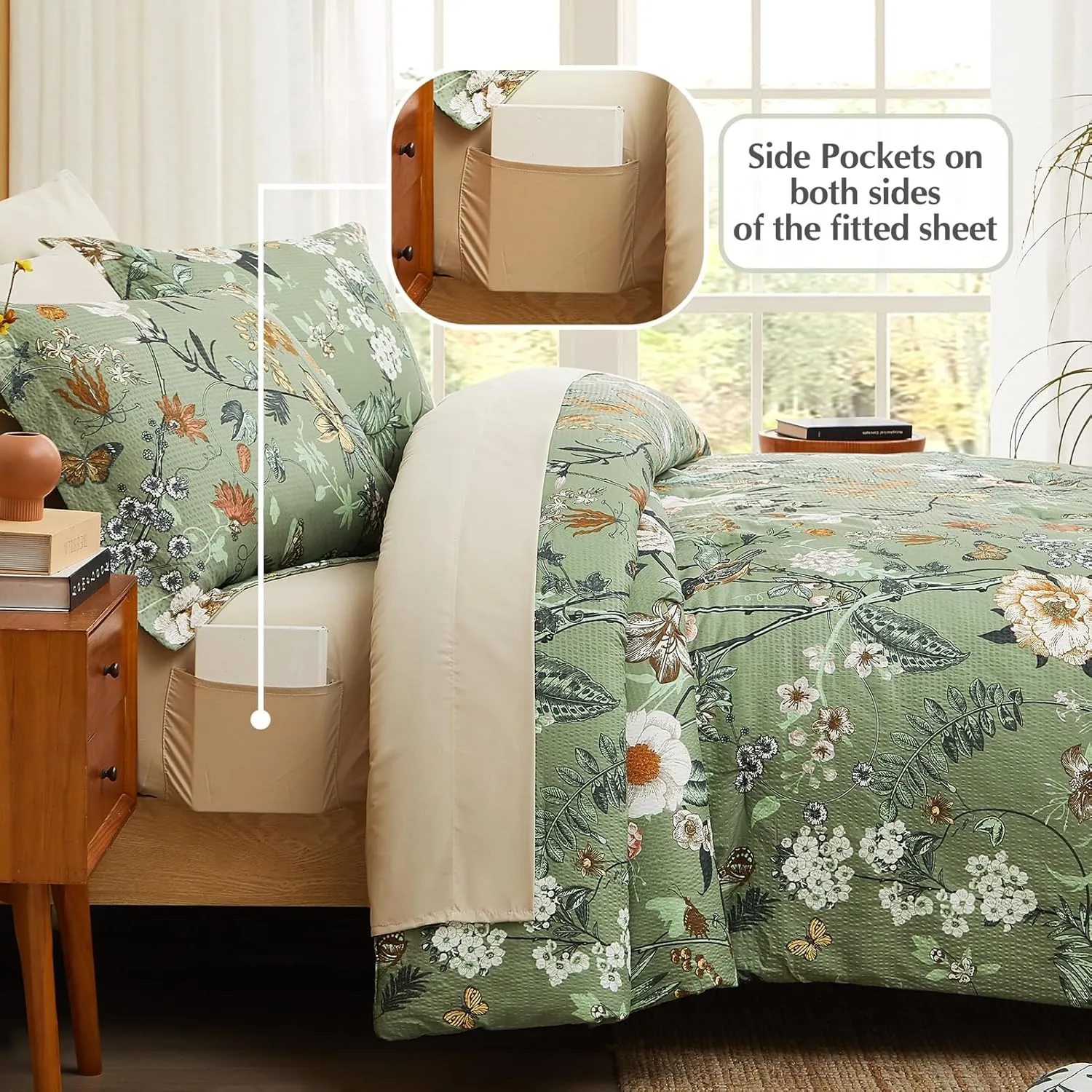 CASAAGUSTO Queen Comforter Set, 7 PCS Green Butterfly Floral Comforter Set with Flowers Leaves Pattern, Soft Seersucker Design All Season Queen Size Bedding Set(90"X90")
