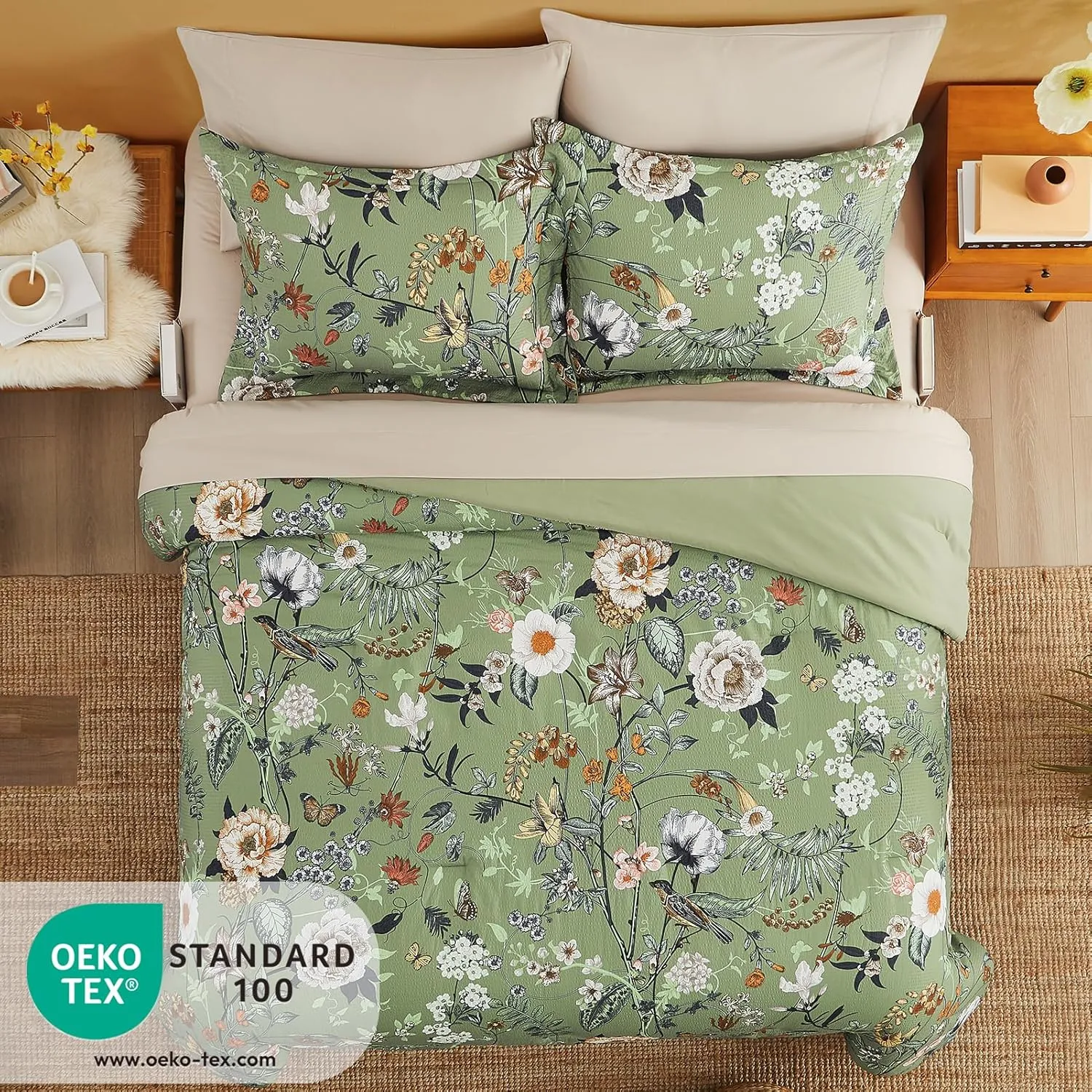CASAAGUSTO Queen Comforter Set, 7 PCS Green Butterfly Floral Comforter Set with Flowers Leaves Pattern, Soft Seersucker Design All Season Queen Size Bedding Set(90"X90")