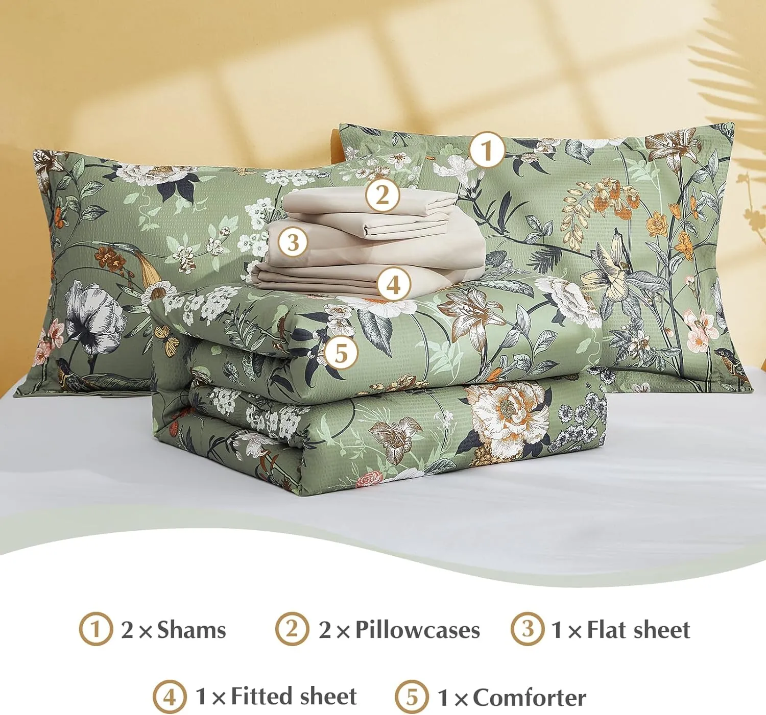 CASAAGUSTO Queen Comforter Set, 7 PCS Green Butterfly Floral Comforter Set with Flowers Leaves Pattern, Soft Seersucker Design All Season Queen Size Bedding Set(90"X90")