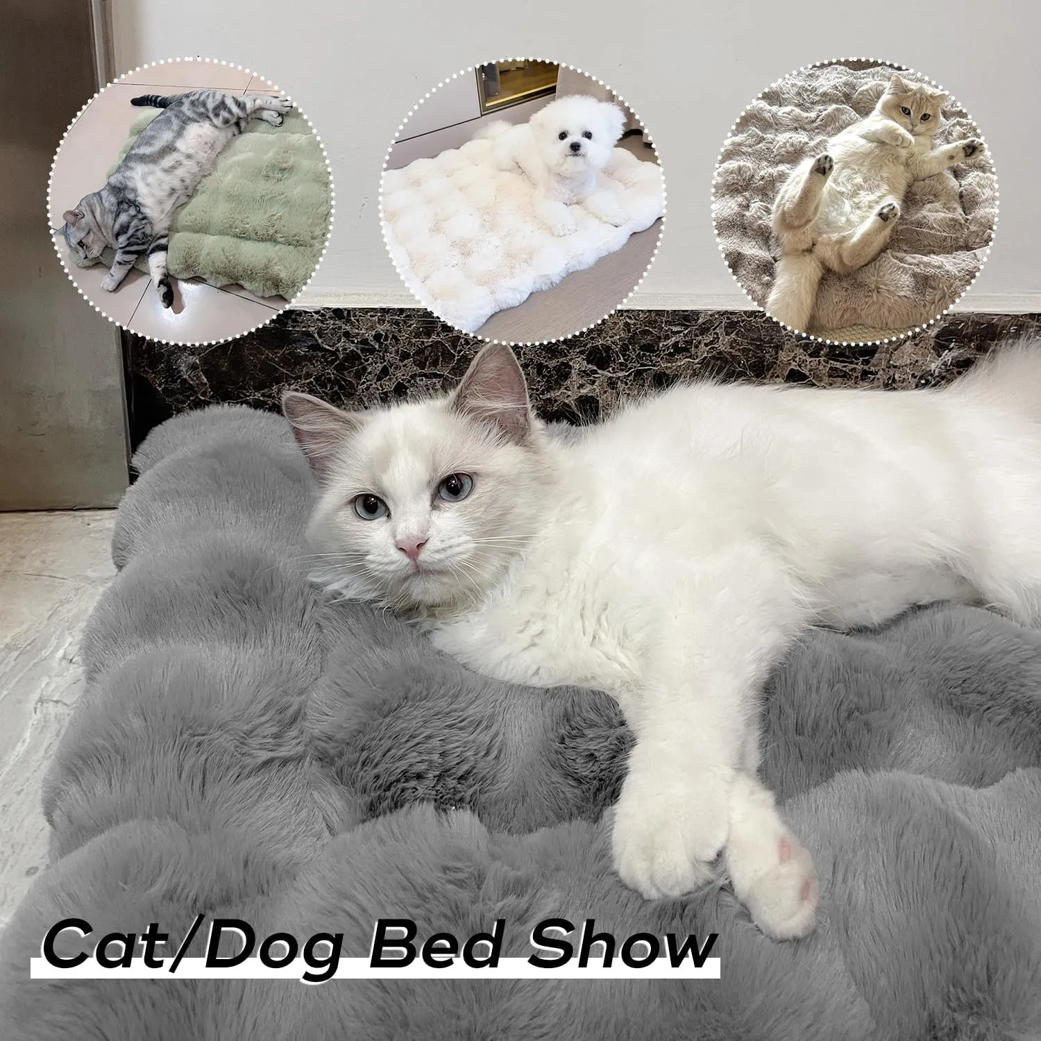 Cat Beds for Indoor Cats Plush Pad Mat with Non-Slip Bottom Faux Fur Soft Kitten Bed for Carriers/Floor/Couch Dog & Puppy Washable 23 x 15 Inch Medium Grey