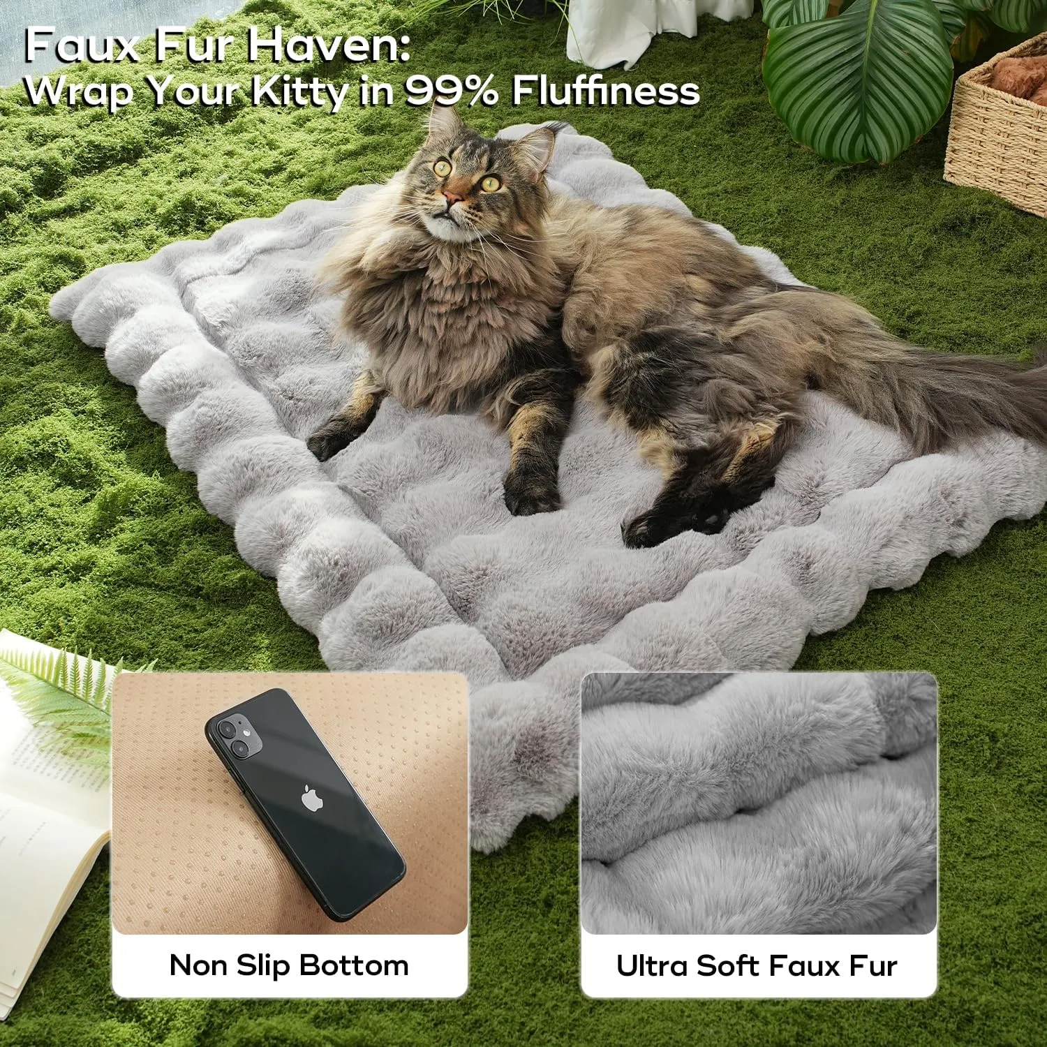 Cat Beds for Indoor Cats Plush Pad Mat with Non-Slip Bottom Faux Fur Soft Kitten Bed for Carriers/Floor/Couch Dog & Puppy Washable 23 x 15 Inch Medium Grey
