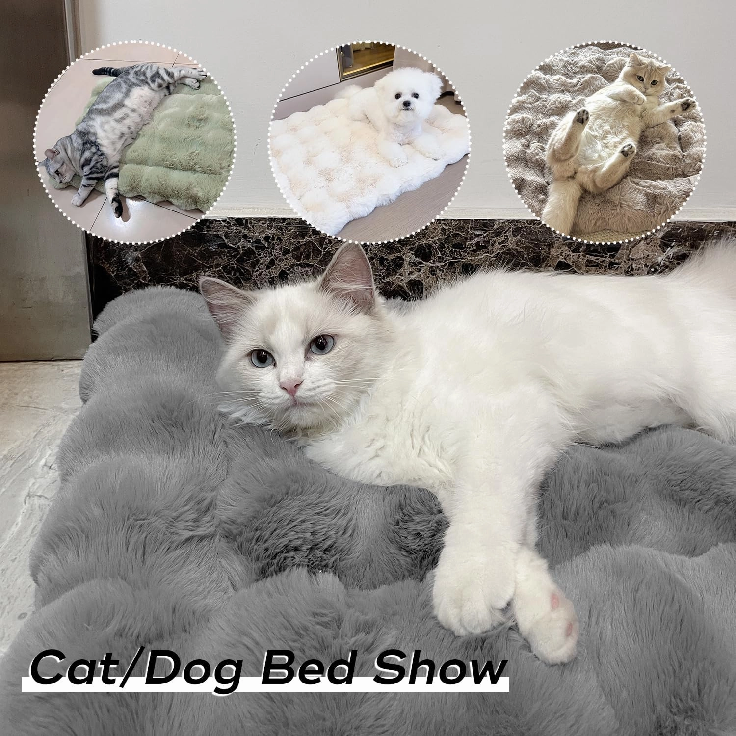 Cat Beds Cozy Pet Mat Faux Fur Kitten Pad Bed for Carriers/Couch Dog & Puppy Cute Friendly 23 x 15 Inch Medium White