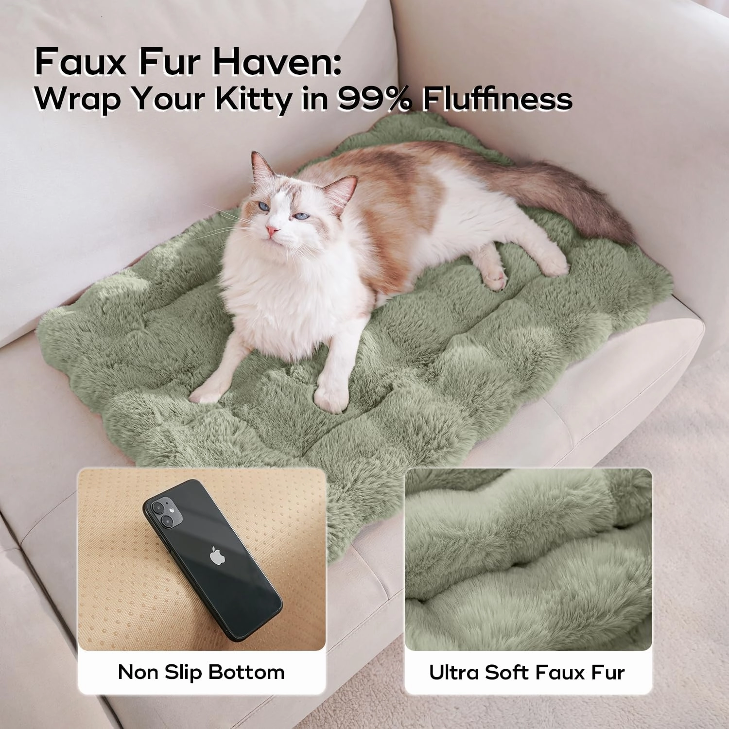 Cat Beds for Indoor Cats Faux Fur Pet Mat Cute Kitten Plush Bed with Non-Slip Bottom for Carriers/Sofa Dog & Puppy Friendly 35 x 27 Inch Green