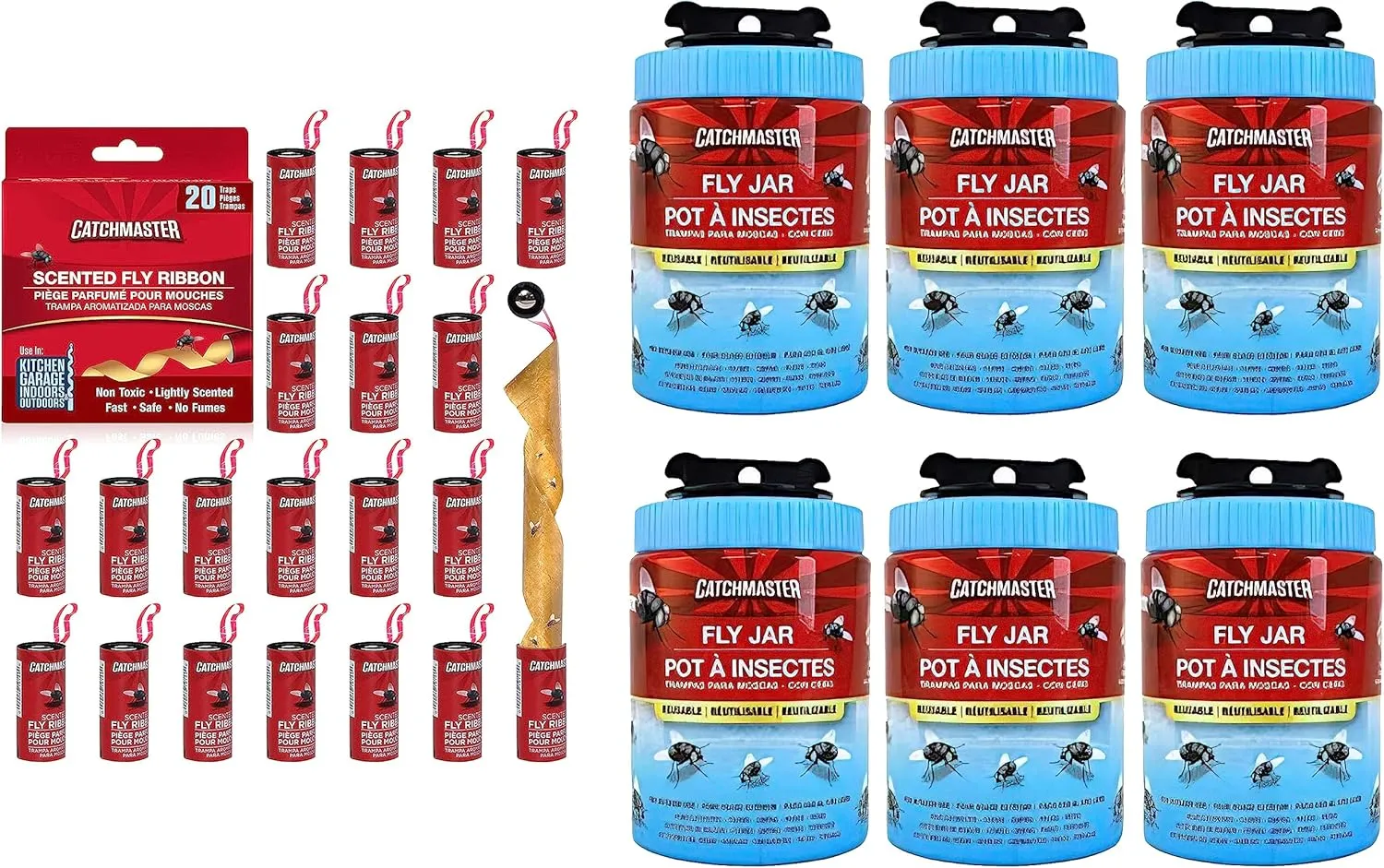 Catchmaster Fly Trap Bundle, Fly Ribbon 20-Pack & Outdoor Fly Jar 6-Pack, for Garage, Backyard, Pool, Patio & Camping