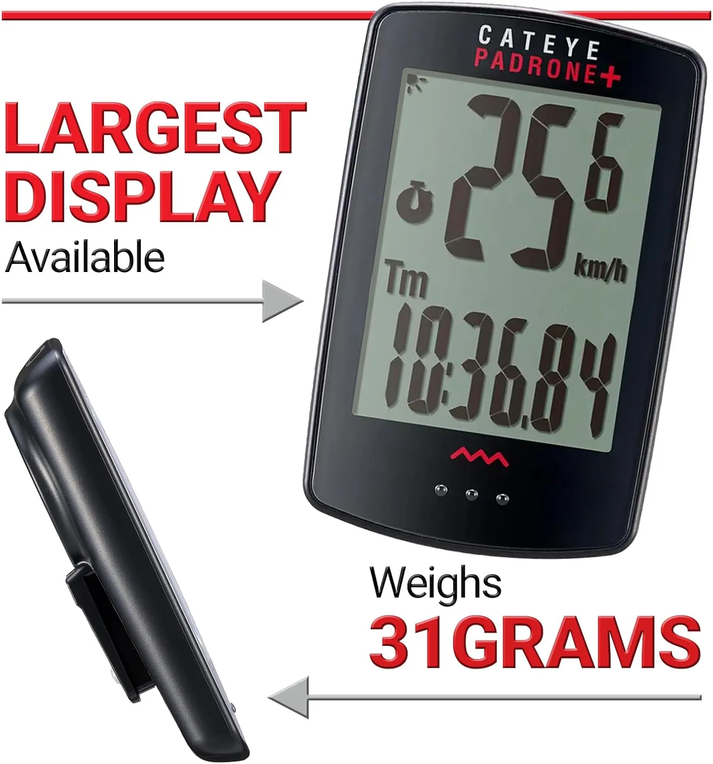CATEYE Padrone Plus Bike Computer – Oversized Display Cyclocomputer, Wireless Speedometer & Odometer, FlexTight™ Mount, Auto Start/Stop, Programmable Odometer, Backlight Display with Night Mode