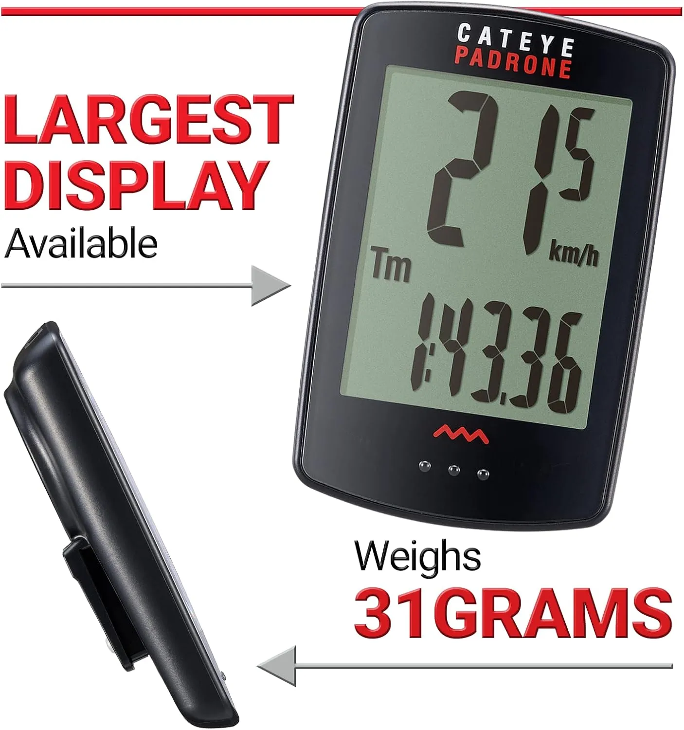 CATEYE Padrone Wireless Bike Computer – Oversized Display Cyclocomputer, Wireless Speedometer & Odometer, FlexTight™ Mount, Auto Start/Stop, Programmable Odometer