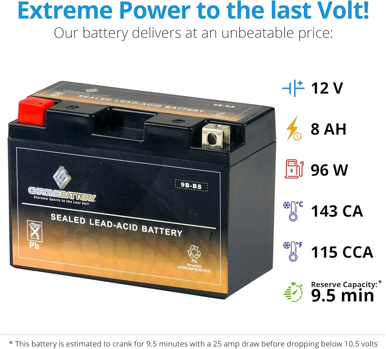 CB CHROMEBATTERY YTX9B-BS Maintenance-Free 12V 8.5Ah Battery Replacement for ATV, Motorcycle, Jet Skis, Scooter, UTV, and More - Nut and Bolt (T3) Terminal