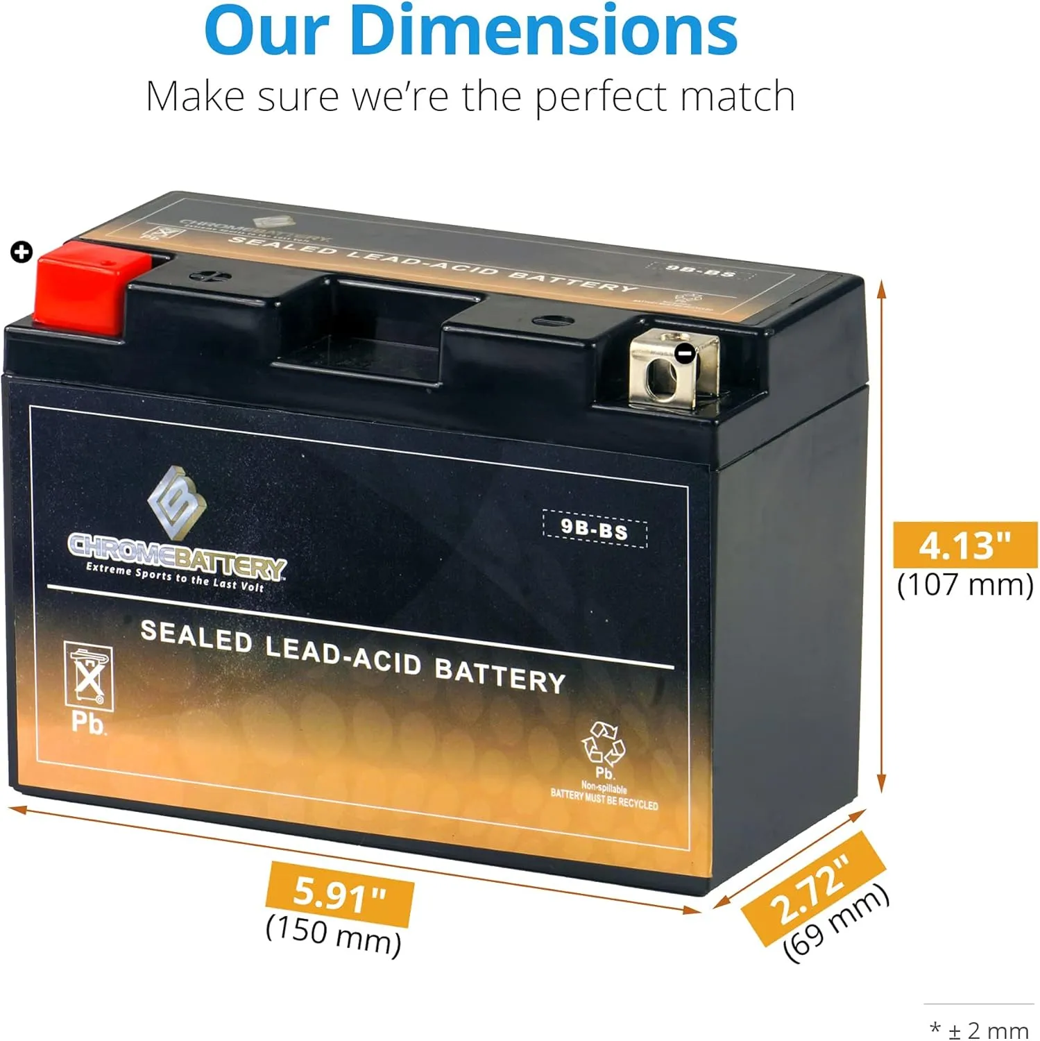 CB CHROMEBATTERY YTX9B-BS Maintenance-Free 12V 8.5Ah Battery Replacement for ATV, Motorcycle, Jet Skis, Scooter, UTV, and More - Nut and Bolt (T3) Terminal