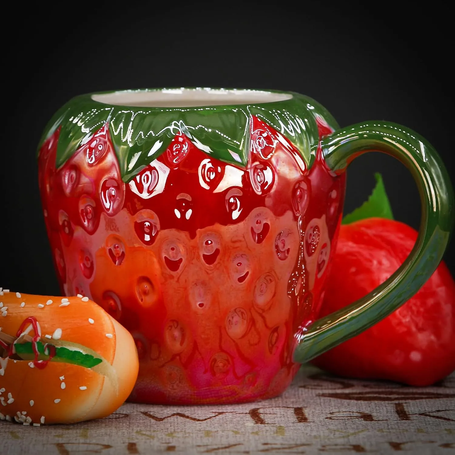 Ceramic Mug for Home & Office, Creative Porcelain Fruit Cup with Handle for Coffee, Tea, Juice, Milk & Water, 17oz. Strawberry Shape Mug Gift, 4.1" H