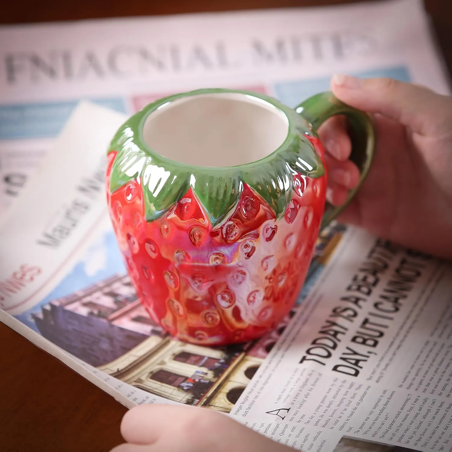Ceramic Mug for Home & Office, Creative Porcelain Fruit Cup with Handle for Coffee, Tea, Juice, Milk & Water, 17oz. Strawberry Shape Mug Gift, 4.1" H