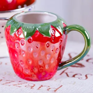 Ceramic Mug for Home & Office, Creative Porcelain Fruit Cup with Handle for Coffee, Tea, Juice, Milk & Water, 17oz. Strawberry Shape Mug Gift, 4.1" H