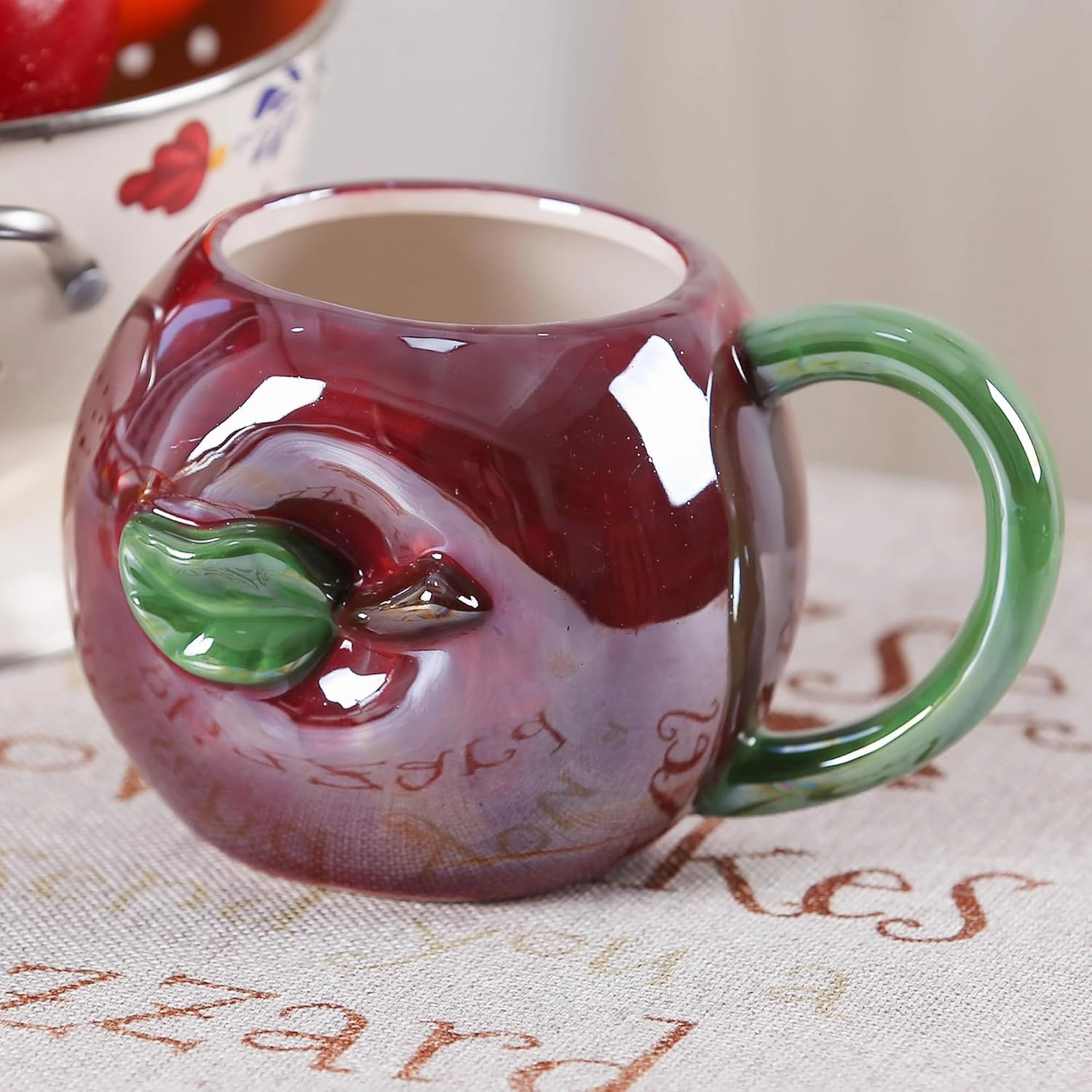 Ceramic Mug for Home & Office, Creative Porcelain 3D Fruit Cup with Handle for Coffee, Tea, Juice, Milk & Water, 17oz. Apple Shape Mug, 3.5" H