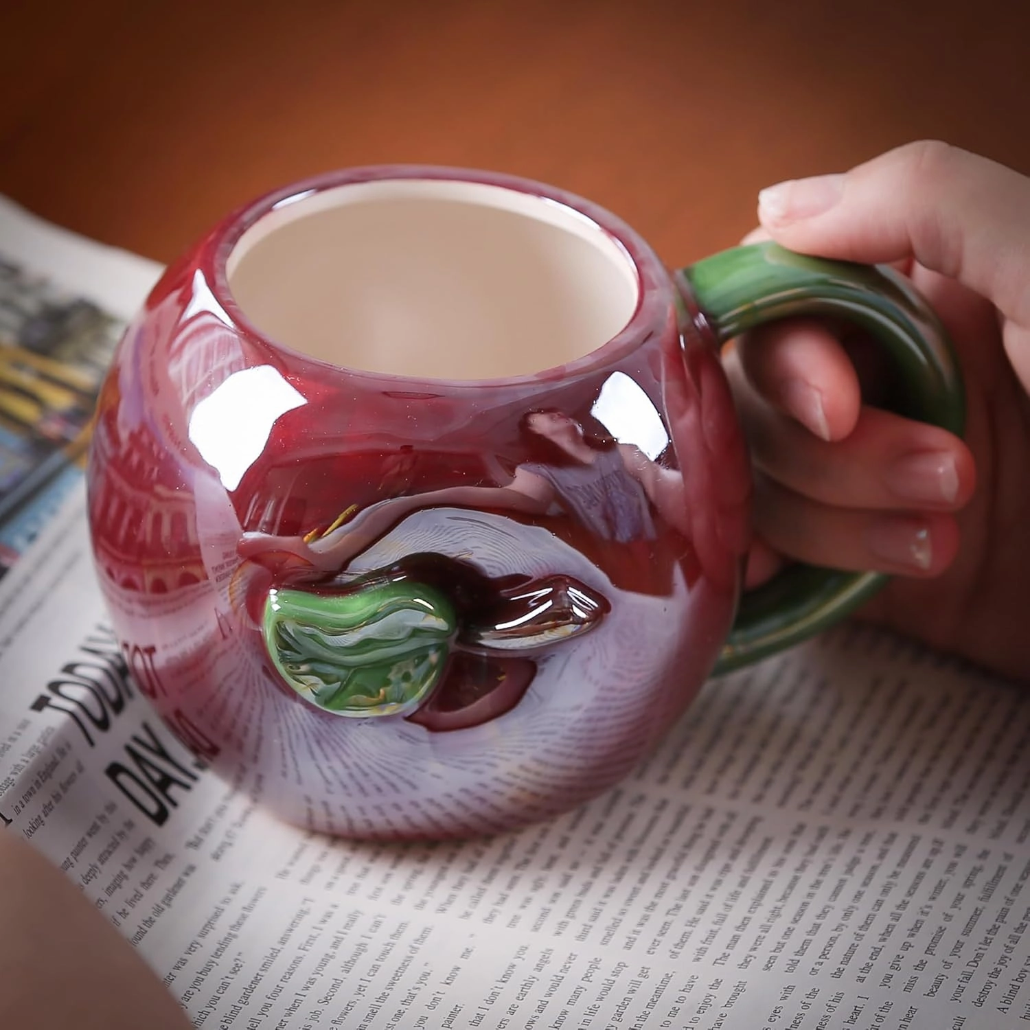 Ceramic Mug for Home & Office, Creative Porcelain 3D Fruit Cup with Handle for Coffee, Tea, Juice, Milk & Water, 17oz. Apple Shape Mug, 3.5" H