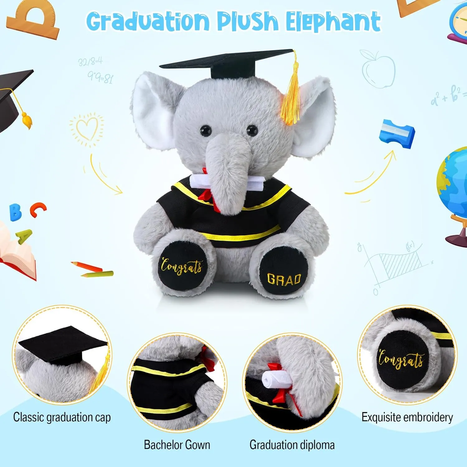 Chalyna 10 Inch 2025 Graduation Elephant Stuffed Animal Plush with Diploma Tassel Graduation Hat Embroidered Blessings Preschool Kindergarten Gift for Student, Kids, Friends, Relatives