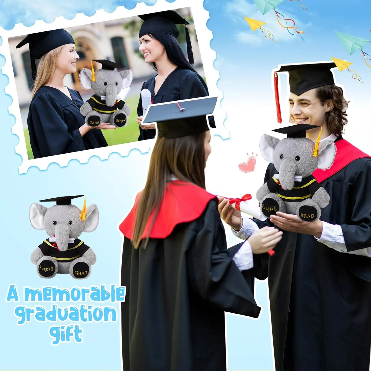 Chalyna 10 Inch 2025 Graduation Elephant Stuffed Animal Plush with Diploma Tassel Graduation Hat Embroidered Blessings Preschool Kindergarten Gift for Student, Kids, Friends, Relatives