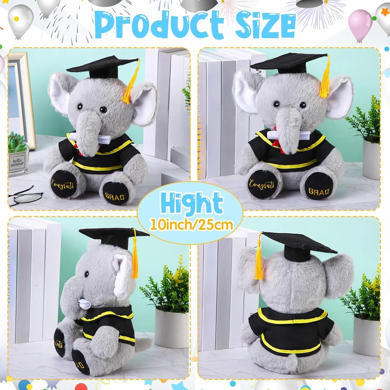 Chalyna 10 Inch 2025 Graduation Elephant Stuffed Animal Plush with Diploma Tassel Graduation Hat Embroidered Blessings Preschool Kindergarten Gift for Student, Kids, Friends, Relatives