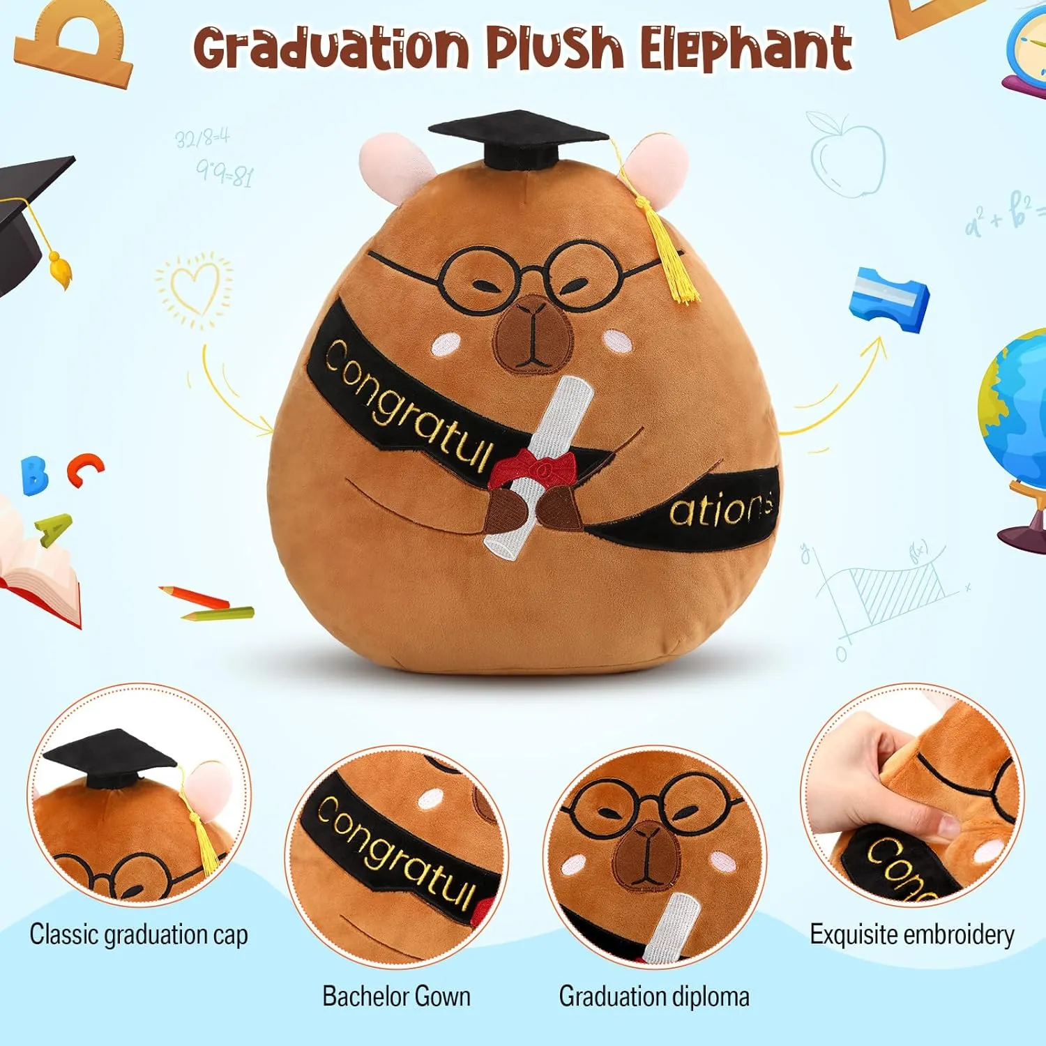 Chalyna 10 Inch 2025 Graduation Gift Capybara Stuffed Animal Plush with Diploma Tassel Graduation Hat Embroidered Blessings Preschool Kindergarten Gift for Student, Friends, Relatives and Kids