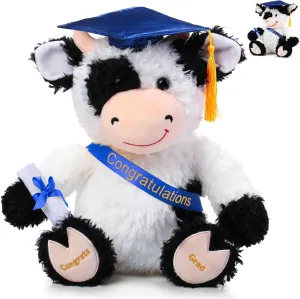 Chalyna 10 Inch Graduation Season Cow Plush Stuffed Animal Cow with Hat, Diploma and Sash, Graduation Gift Decoration for Friend Relatives Party (Blue)