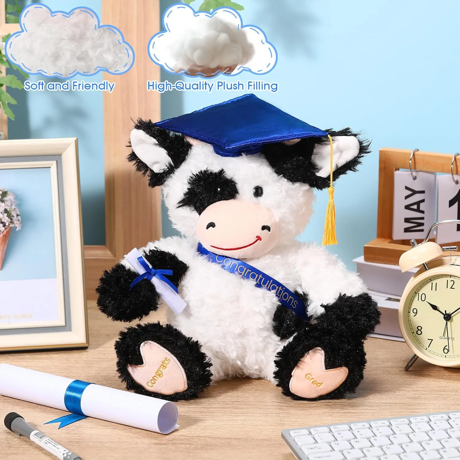 Chalyna 10 Inch Graduation Season Cow Plush Stuffed Animal Cow with Hat, Diploma and Sash, Graduation Gift Decoration for Friend Relatives Party (Blue)