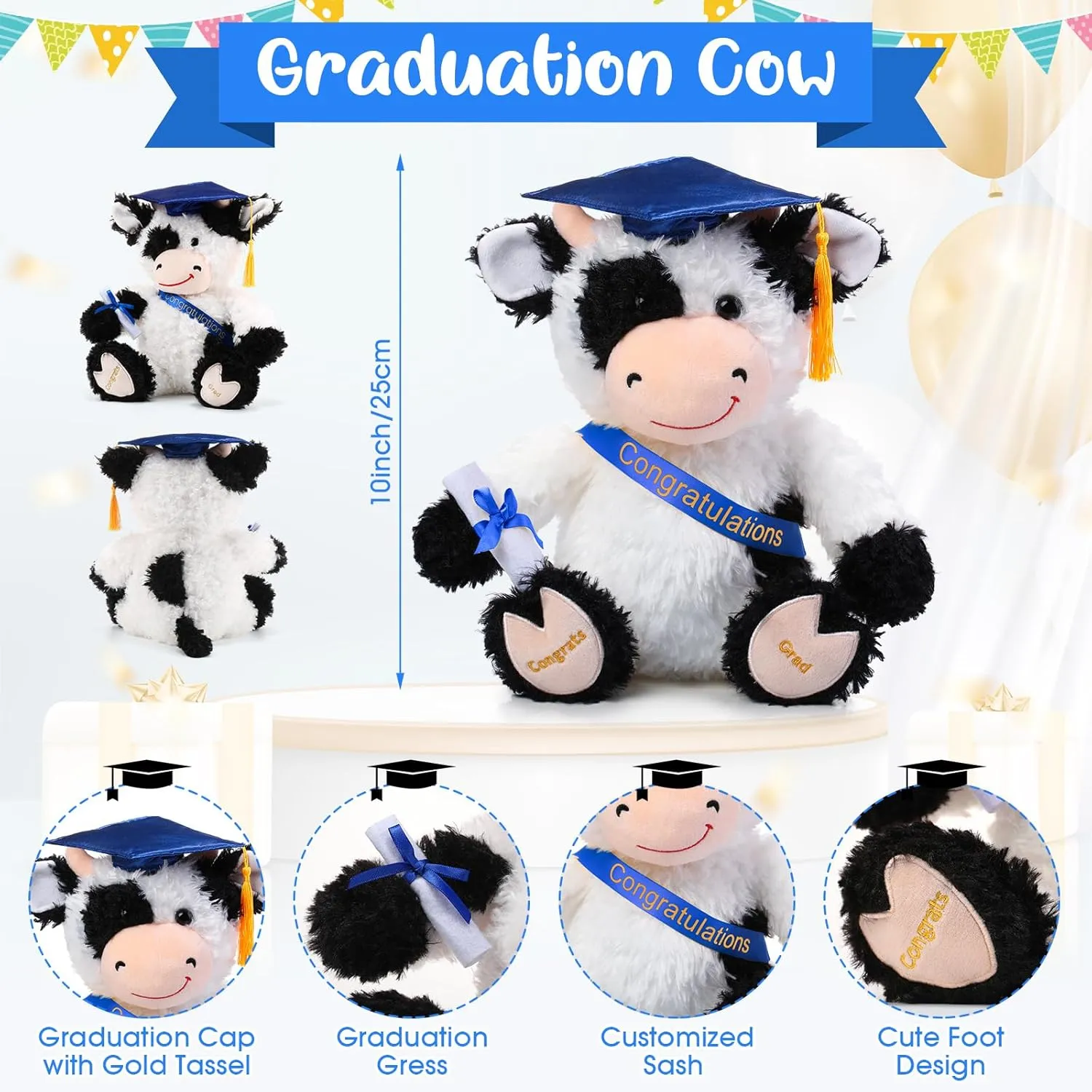 Chalyna 10 Inch Graduation Season Cow Plush Stuffed Animal Cow with Hat, Diploma and Sash, Graduation Gift Decoration for Friend Relatives Party (Blue)