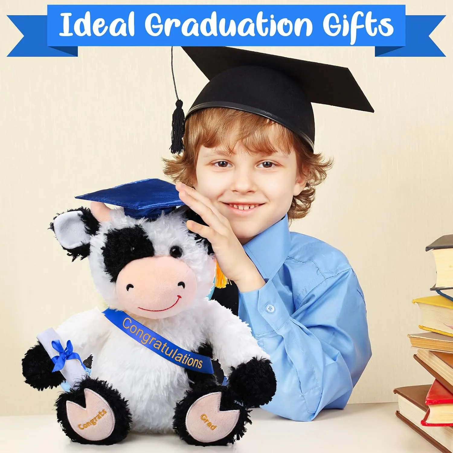 Chalyna 10 Inch Graduation Season Cow Plush Stuffed Animal Cow with Hat, Diploma and Sash, Graduation Gift Decoration for Friend Relatives Party (Blue)