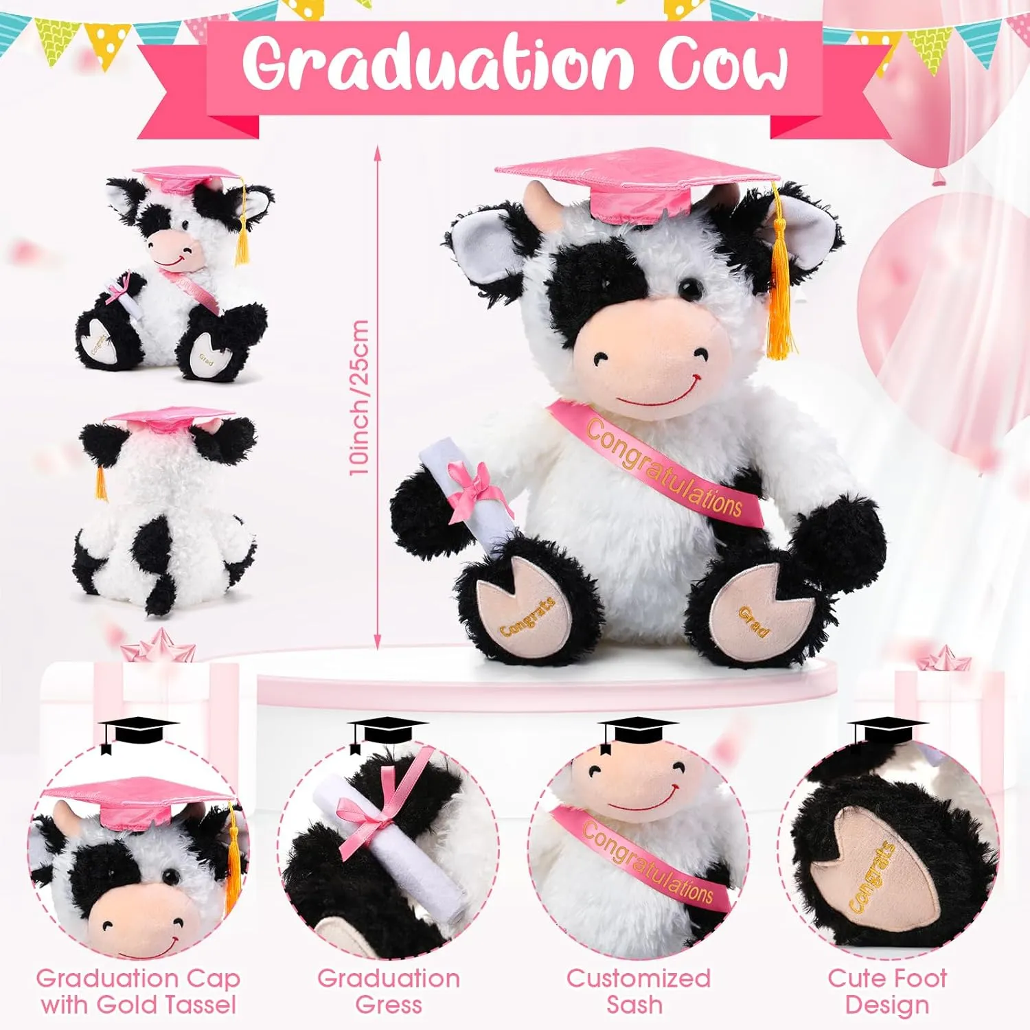 Chalyna 10 Inch Graduation Season Cow Plush Stuffed Animal Cow with Hat, Diploma and Sash, Graduation Gift Decoration for Friend Relatives Party(Pink)