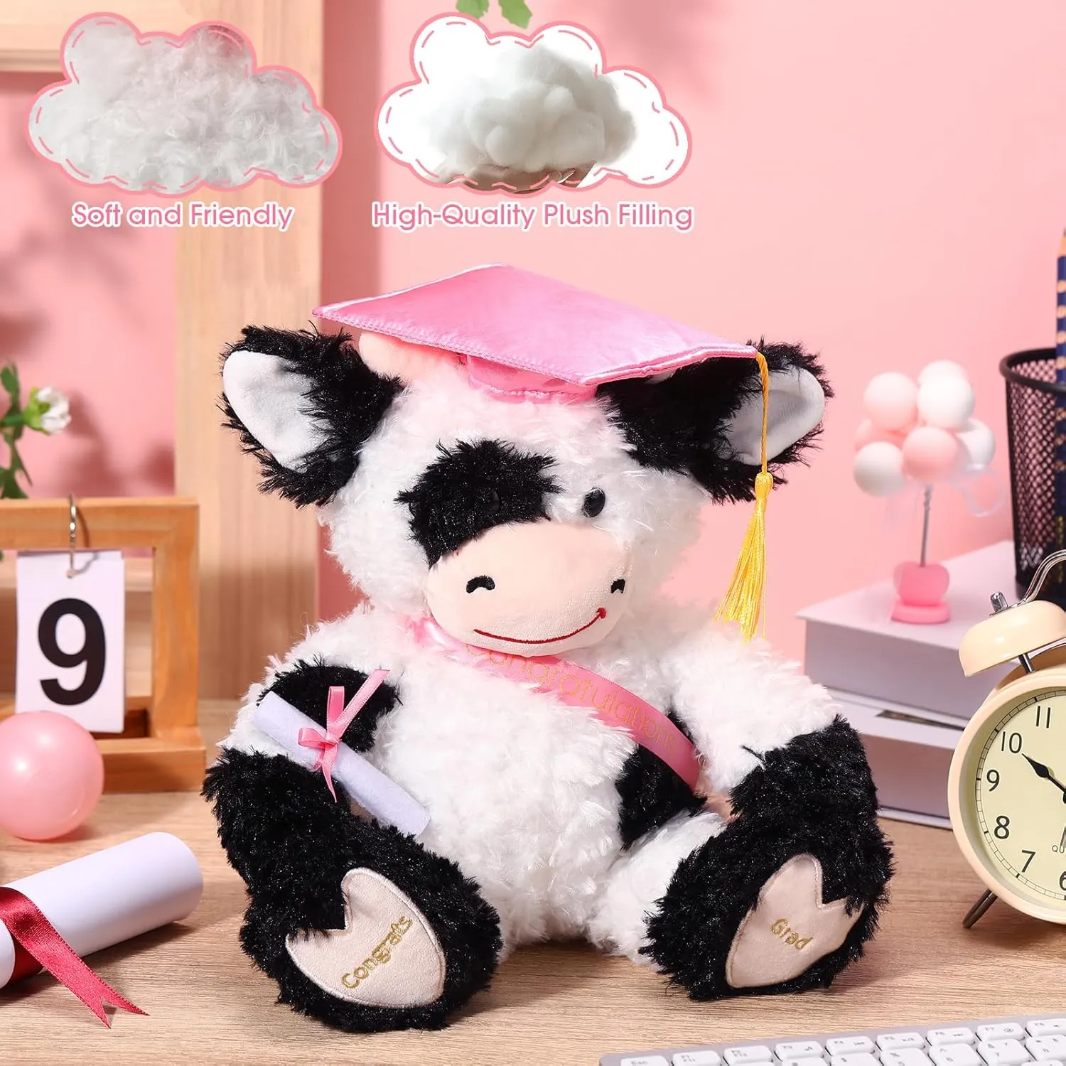 Chalyna 10 Inch Graduation Season Cow Plush Stuffed Animal Cow with Hat, Diploma and Sash, Graduation Gift Decoration for Friend Relatives Party(Pink)