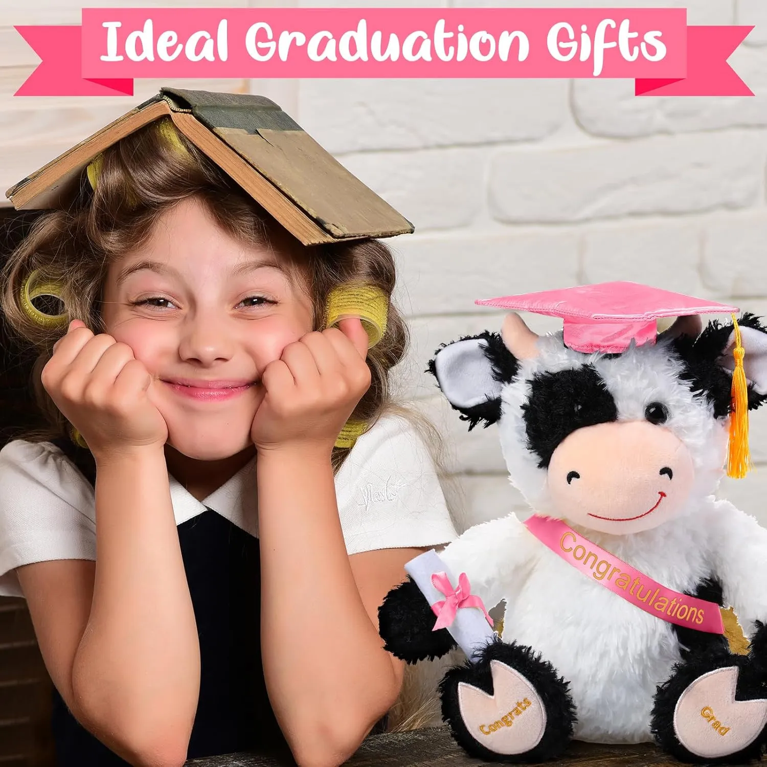 Chalyna 10 Inch Graduation Season Cow Plush Stuffed Animal Cow with Hat, Diploma and Sash, Graduation Gift Decoration for Friend Relatives Party(Pink)
