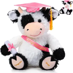 Chalyna 10 Inch Graduation Season Cow Plush Stuffed Animal Cow with Hat, Diploma and Sash, Graduation Gift Decoration for Friend Relatives Party(Pink)
