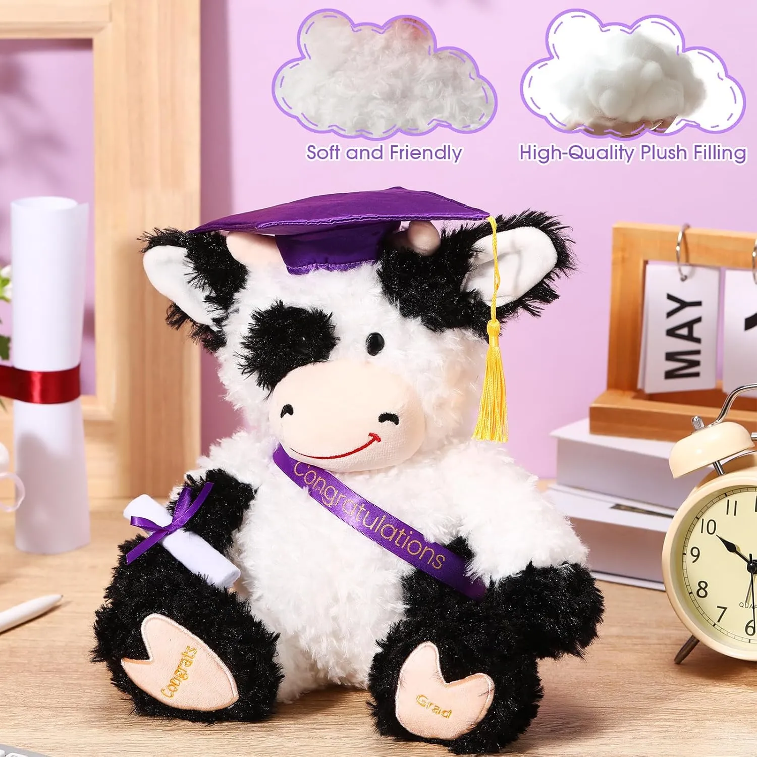 Chalyna 10 Inch Graduation Season Cow Plush Stuffed Animal Cow with Hat, Diploma and Sash, Graduation Gift Decoration for Friend Relatives Party(Purple)