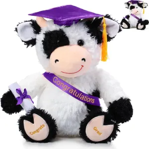 Chalyna 10 Inch Graduation Season Cow Plush Stuffed Animal Cow with Hat, Diploma and Sash, Graduation Gift Decoration for Friend Relatives Party(Purple)