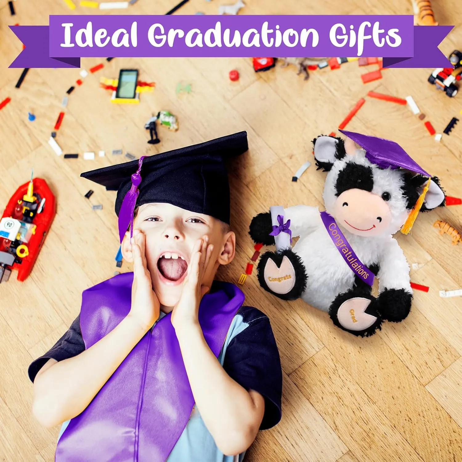 Chalyna 10 Inch Graduation Season Cow Plush Stuffed Animal Cow with Hat, Diploma and Sash, Graduation Gift Decoration for Friend Relatives Party(Purple)