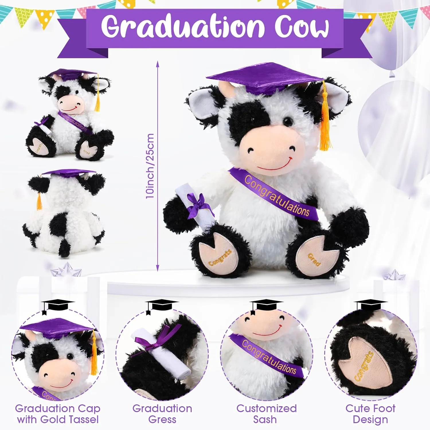 Chalyna 10 Inch Graduation Season Cow Plush Stuffed Animal Cow with Hat, Diploma and Sash, Graduation Gift Decoration for Friend Relatives Party(Purple)