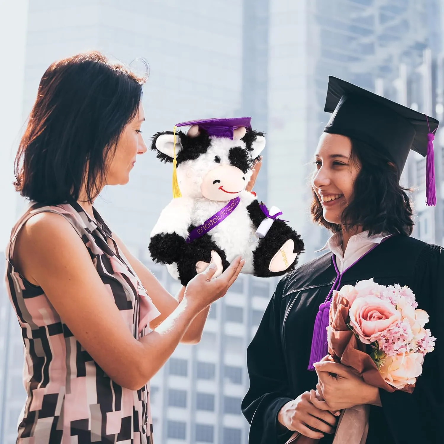 Chalyna 10 Inch Graduation Season Cow Plush Stuffed Animal Cow with Hat, Diploma and Sash, Graduation Gift Decoration for Friend Relatives Party(Purple)