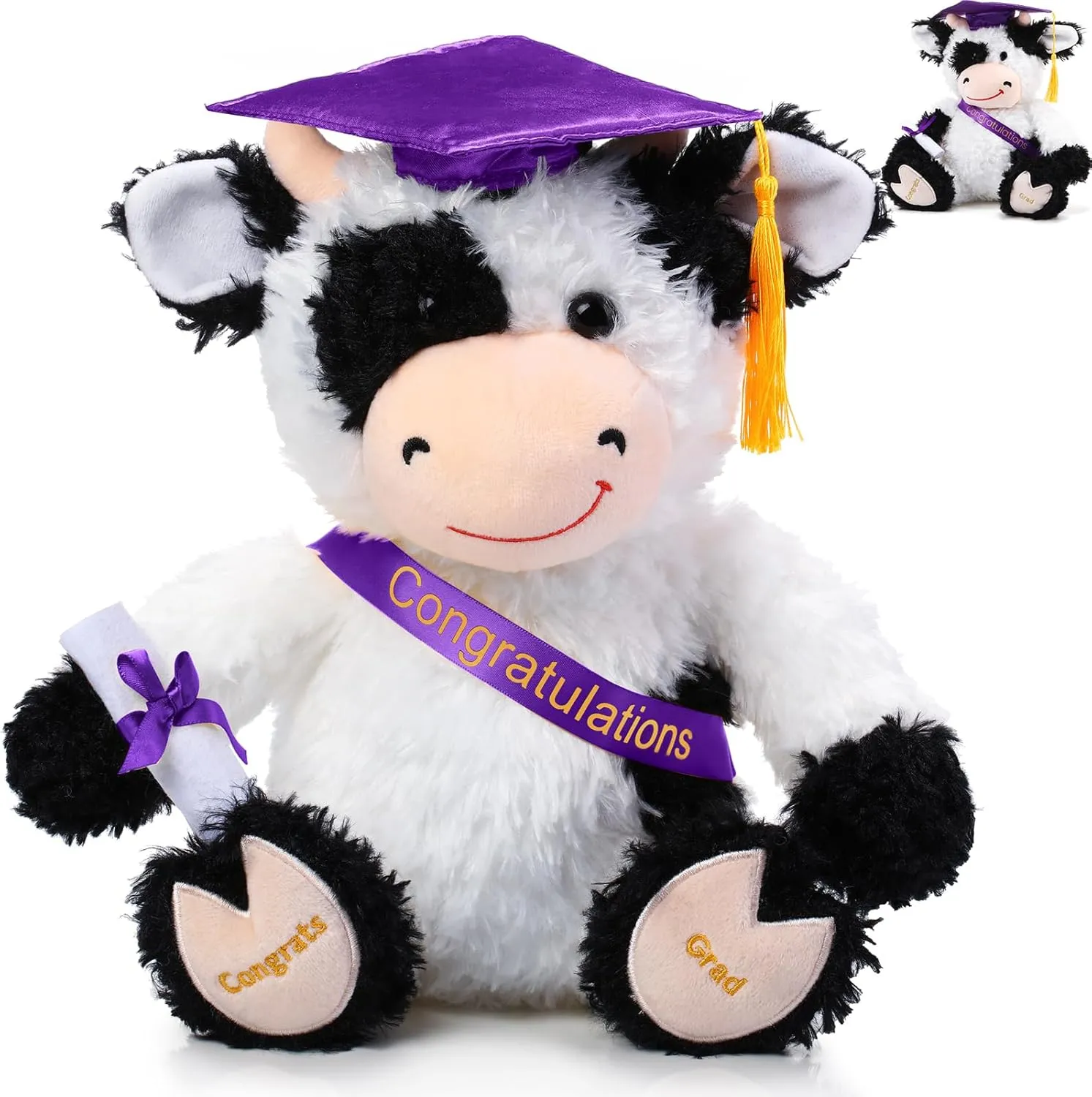 Chalyna 10 Inch Graduation Season Cow Plush Stuffed Animal Cow with Hat, Diploma and Sash, Graduation Gift Decoration for Friend Relatives Party(Purple)