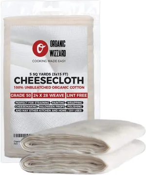 Cheesecloth - Organic Unbleached Cotton Fabric - Grade 50 Ultra Fine Mesh. 45 Sq Feet (5 yards) of 100% Natural, Washable and Reusable Food Filter/Strainer