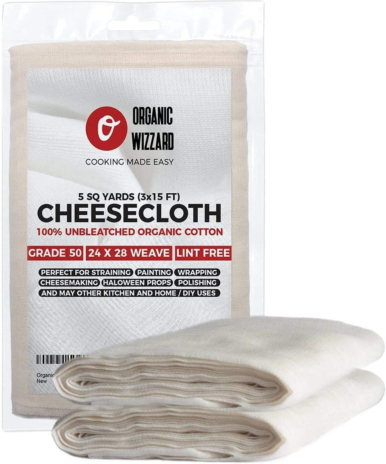 Cheesecloth - Organic Unbleached Cotton Fabric - Grade 50 Ultra Fine Mesh. 45 Sq Feet (5 yards) of 100% Natural, Washable and Reusable Food Filter/Strainer
