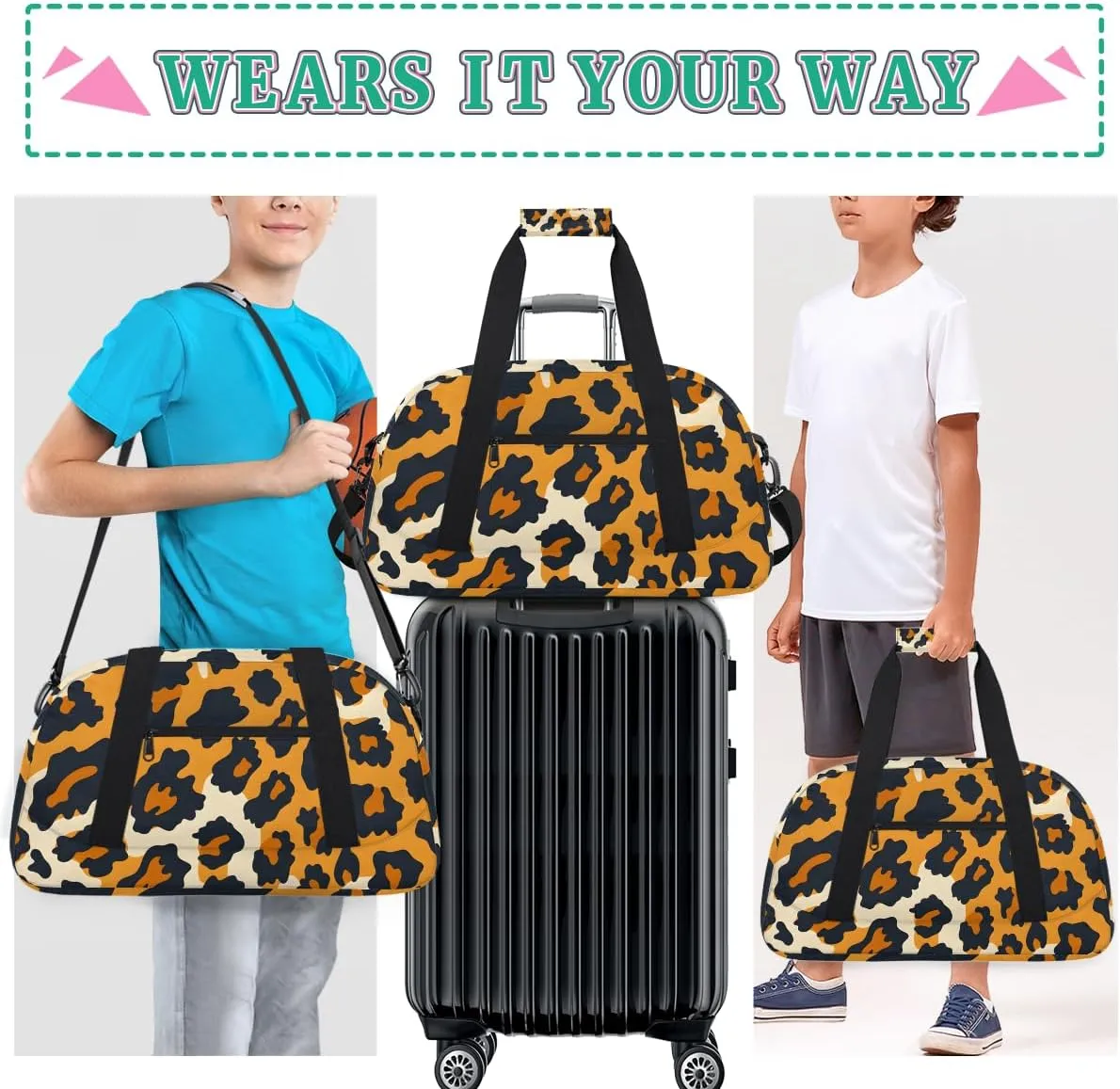 Cheetah Leopard Print Kids Overnighter Duffel Bags for Boys, Carry-On Size Sports Gym Bag with Front Zipper Pocket for School Practice or Overnight Travel Weekender Sleepover Tote Bag