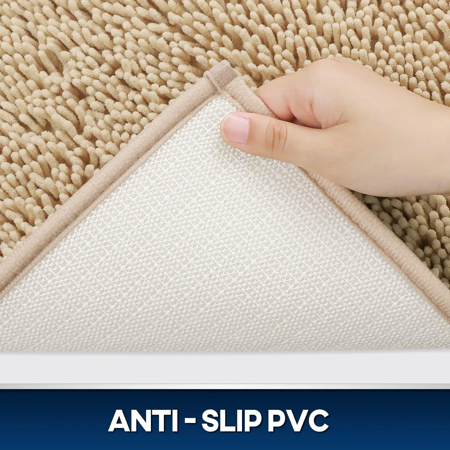Chenille Bath Mat 3 Pieces Bathroom Rugs Set, 20x20 Inches U-Shape Contoured Toilet Mat & 20x32 Inches Rug & Lid Cover,Water Absorbent Plush Rugs for Tub Shower & Bath Room -Beige