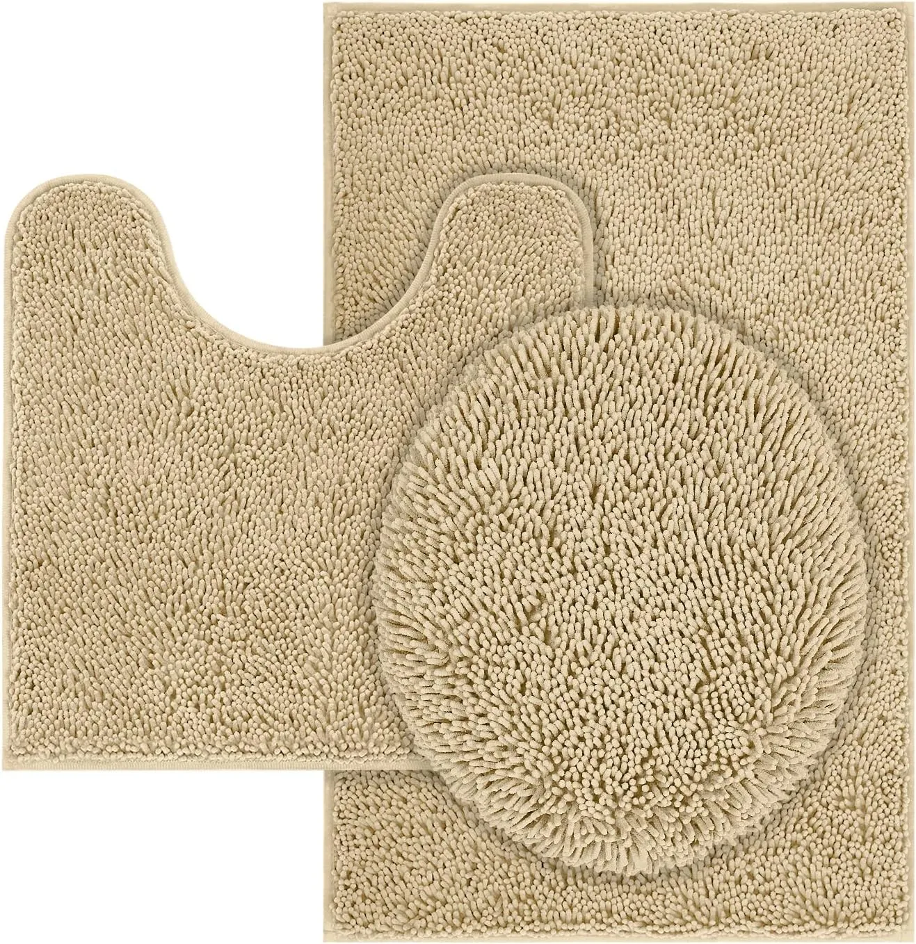 Chenille Bath Mat 3 Pieces Bathroom Rugs Set, 20x20 Inches U-Shape Contoured Toilet Mat & 20x32 Inches Rug & Lid Cover,Water Absorbent Plush Rugs for Tub Shower & Bath Room -Beige