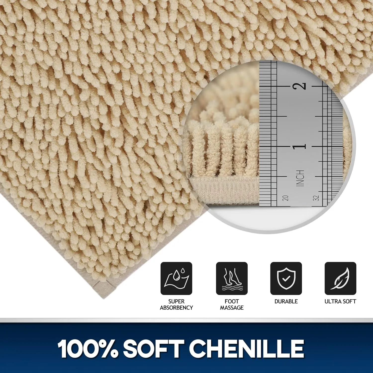 Chenille Bath Mat 3 Pieces Bathroom Rugs Set, 20x20 Inches U-Shape Contoured Toilet Mat & 20x32 Inches Rug & Lid Cover,Water Absorbent Plush Rugs for Tub Shower & Bath Room -Beige