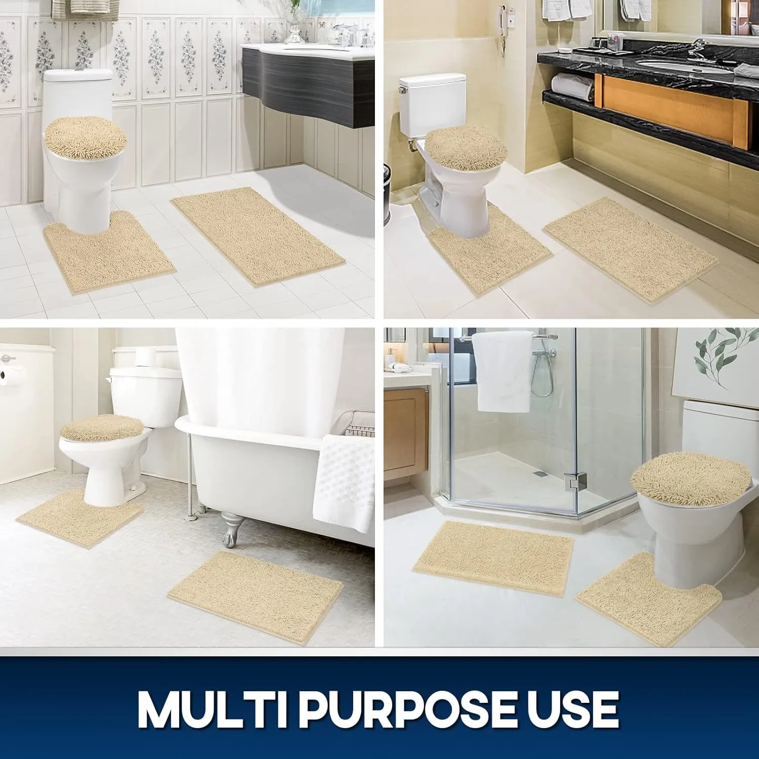 Chenille Bath Mat 3 Pieces Bathroom Rugs Set, 20x20 Inches U-Shape Contoured Toilet Mat & 20x32 Inches Rug & Lid Cover,Water Absorbent Plush Rugs for Tub Shower & Bath Room -Beige