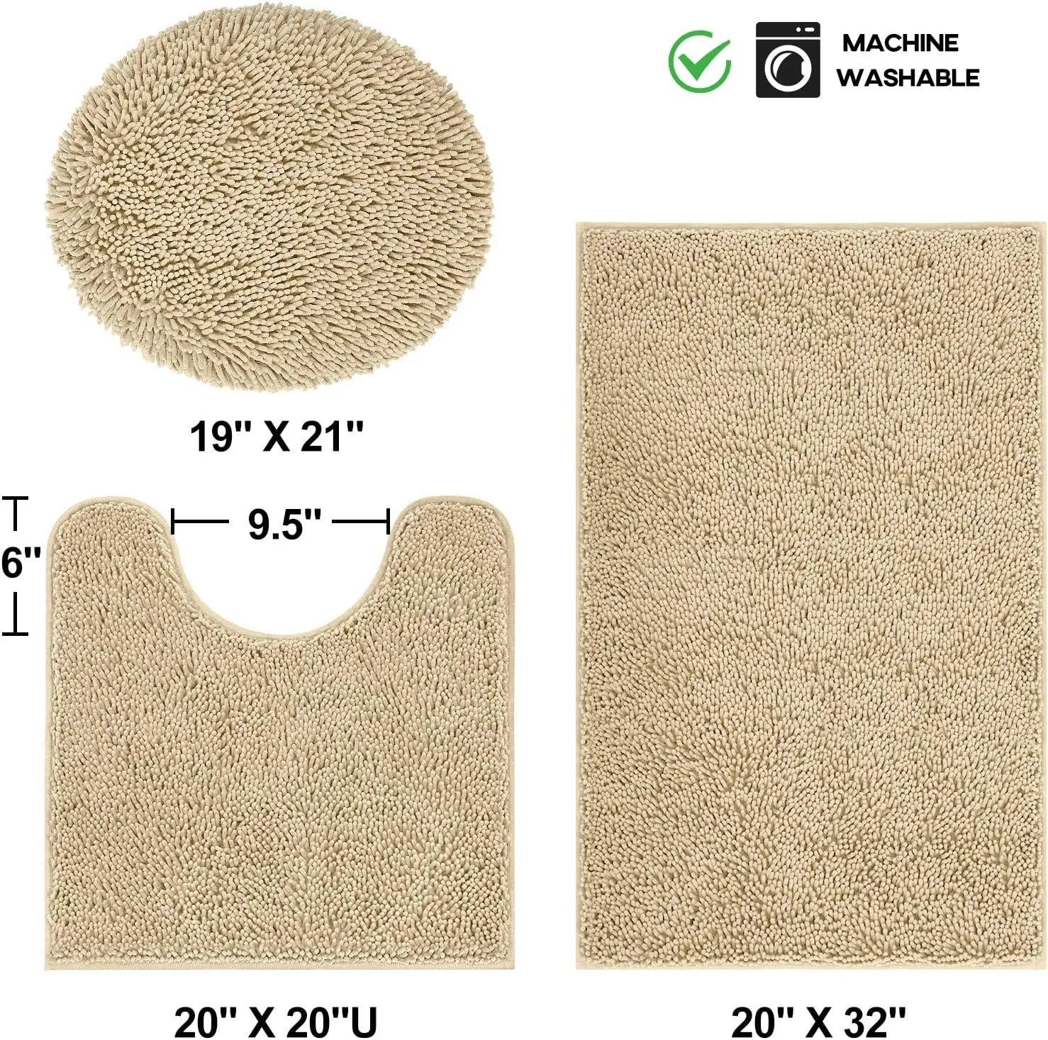 Chenille Bath Mat 3 Pieces Bathroom Rugs Set, 20x20 Inches U-Shape Contoured Toilet Mat & 20x32 Inches Rug & Lid Cover,Water Absorbent Plush Rugs for Tub Shower & Bath Room -Beige