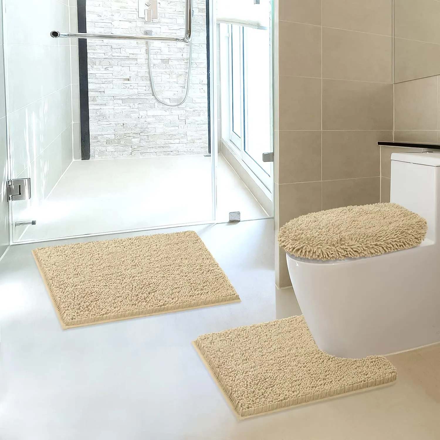 Chenille Bath Mat 3 Pieces Bathroom Rugs Set, 20x20 Inches U-Shape Contoured Toilet Mat & 20x32 Inches Rug & Lid Cover,Water Absorbent Plush Rugs for Tub Shower & Bath Room -Beige