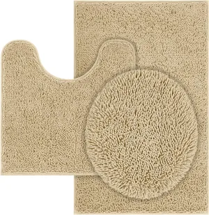 Chenille Bath Mat 3 Pieces Bathroom Rugs Set, 20x20 Inches U-Shape Contoured Toilet Mat & 20x32 Inches Rug & Lid Cover,Water Absorbent Plush Rugs for Tub Shower & Bath Room -Beige