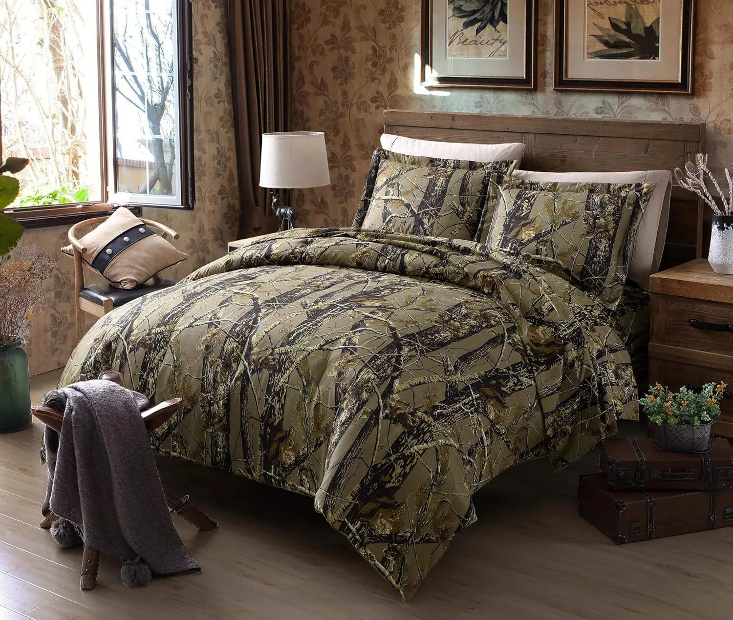 Chezmoi Collection Salem 3-Piece Cabin Lodge Forest Woods Comforter Set - Nature Camo Tree Leaves Printed Soft Microfiber Bedding - Natural, King