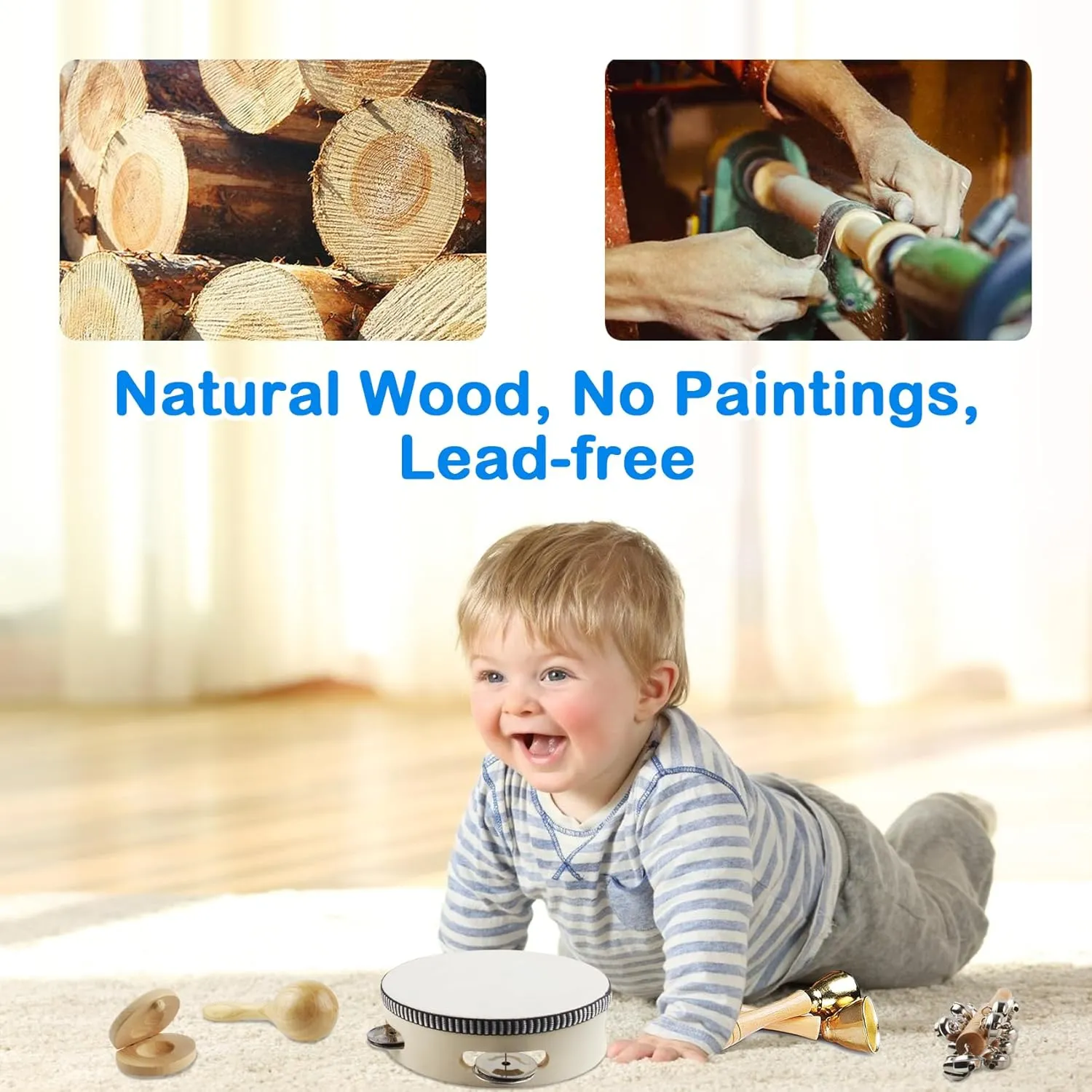 Chriffer Kids Musical Instruments Toys, Percussion Instruments Set with Storage Bag, Preschool Educational Music Toys for Boys Girls, Natural Eco-Friendly Wooden Music Set (10pcs)
