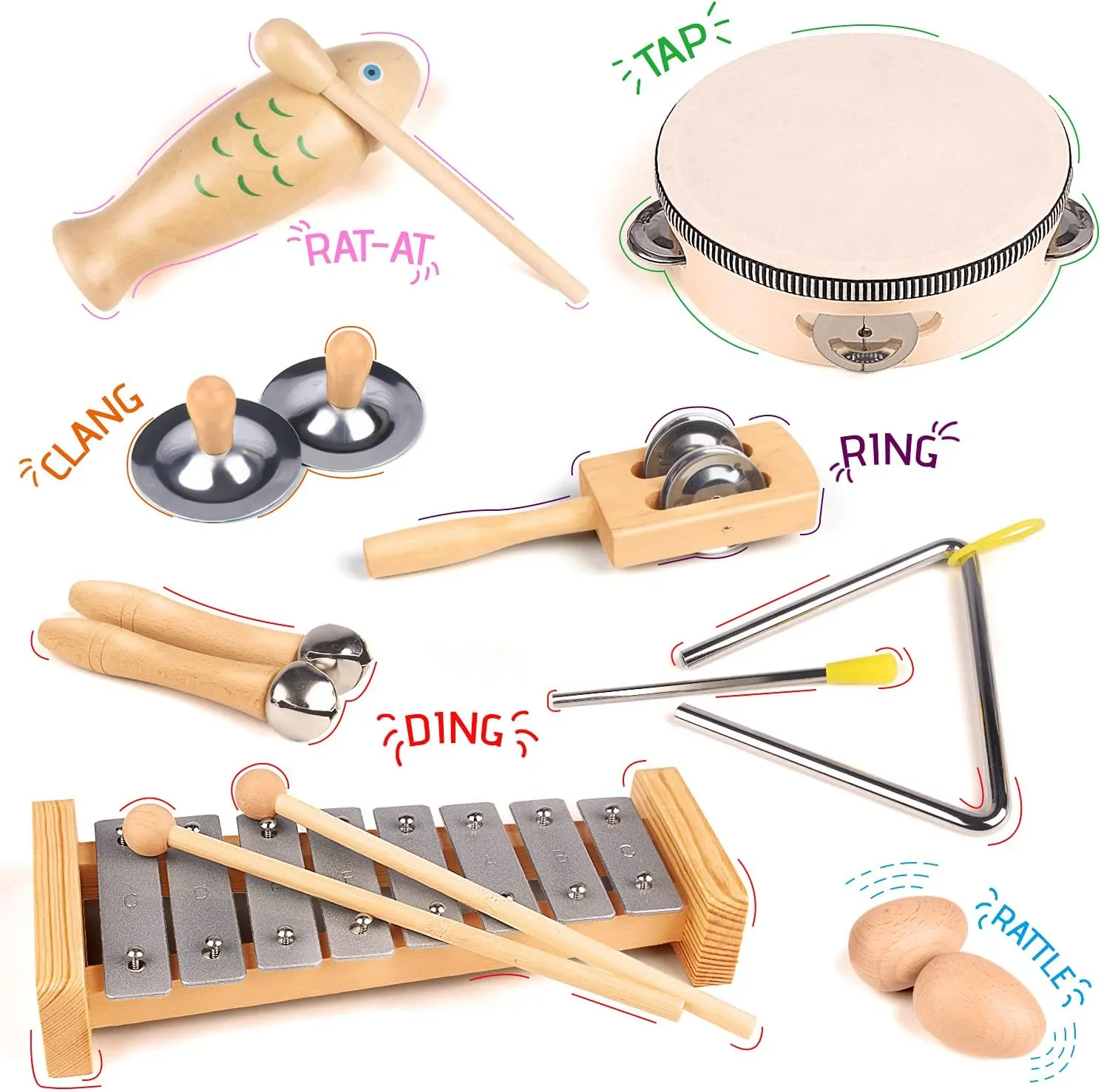 Chriffer Kids Musical Instruments Toys, Percussion Instruments Set with Xylophone, Preschool Educational Music Toys for Boys Girls, Natural Eco-Friendly Wooden Music Set (8)