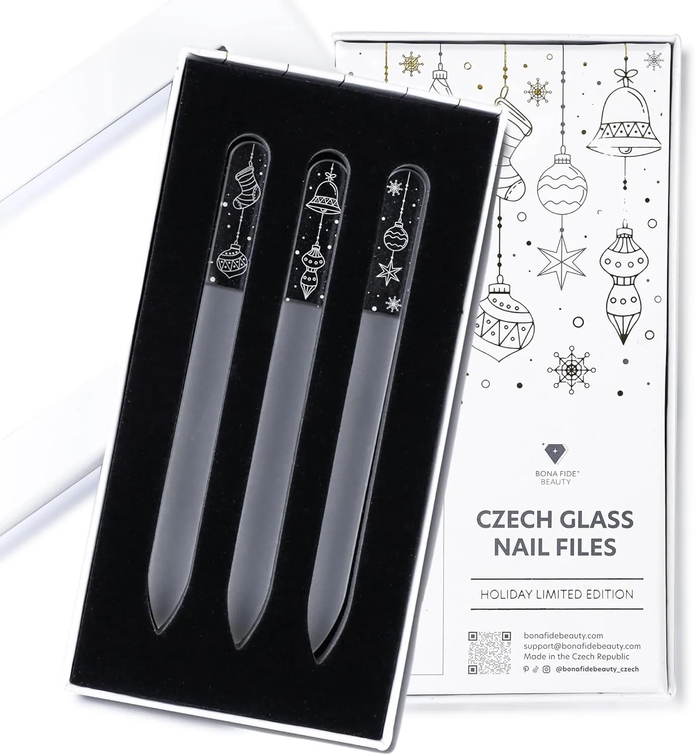 Christmas Gift Set of 3Pc Czech Glass Nail Files (Limited Ed.) by Bona Fide Beauty - Ideal Holiday Gift, Nail Care Stocking Stuffer for Women